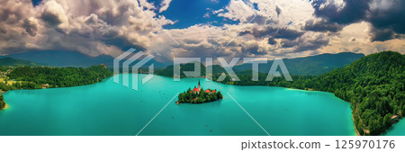 Lake Bled, Slovenia, seasonal spring travel background, panorama 125970176