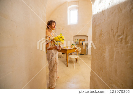 Morning Stillness in a Stone Kitchen Morning Stillness in a Stone Kitchen 125970205