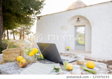 Remote work at a stone table 125970243