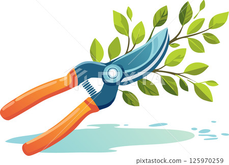 Modern flat-style pruning shears with orange handles cutting green plant branches, surrounded by simple nature elements. Modern flat-style pruning shears with orange handles cutting green plant branches, surrounded by simple nature elements. 125970259