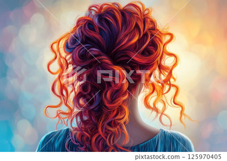 Thick, curly hair flows down the girls back in this vibrant digital illustration. Her slight head tilt adds movement, with each curl beautifully defined and highlighted, banner Thick, curly hair flows down the girls back in this vibrant digital illustration. Her slight head tilt adds movement, with each curl beautifully defined and highlighted, banner 125970405