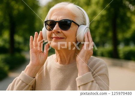 elderly woman in sunglasses listens to music with headphones outdoors 125970480