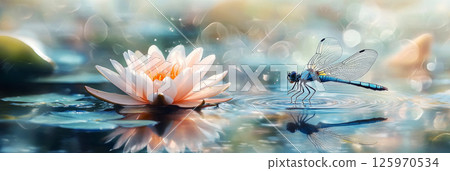 A vibrant dragonfly perched on a white water lily in a pond, surrounded by calm water. The peaceful scene captures nature delicate, serene beauty and graceful wildlife 125970534