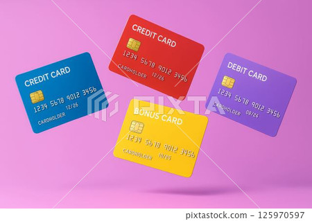 credit cards, debit cards, and bonus cards in levitation. consumer on a lilac, pink background. Gifts for Valentine's Day, woman, Mother's Day and birthday 125970597