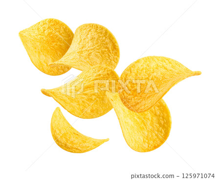 Floating and Flying Crispy Golden Potato Chips 125971074