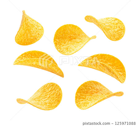 Pringles Flying Potato Crisps Isolated Pringles Flying Potato Crisps Isolated 125971088