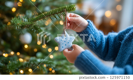 Child in blue sweater adding ornament to Christmas tree 125971150