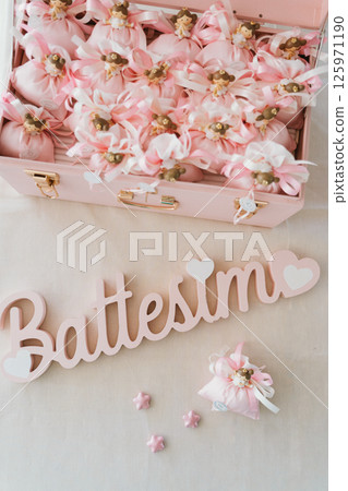 Elegant Baptism Favor Boxes with Pink Ribbons Display Elegant Baptism Favor Boxes with Pink Ribbons Display 125971190