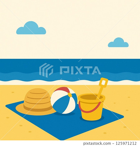 Flat design illustration of beach scene | Simple composition of summer seaside and beach ball 125971212