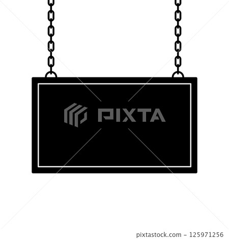 Hanging Signboard with Chains Black and White Vector Illustration. Minimalistic vector of a rectangular signboard hanging from two metal chains. 125971256