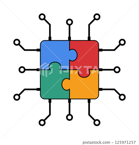 Puzzle Shaped Microchip Vector Illustration. A vector illustration of a microchip designed in the shape of a four piece puzzle. Each puzzle segment is a different color. 125971257