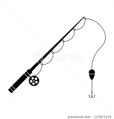 Fishing Rod with Hook and Float Black Silhouette Vector Illustration. A detailed vector of a fishing rod with a reel, a curved fishing line ending in a float and a hook. Fishing Rod with Hook and Float Black Silhouette Vector Illustration. A detailed vector of a fishing rod with a reel, a curved fishing line ending in a float and a hook. 125971258