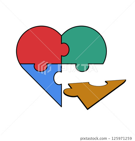 Colorful Heart Puzzle with Missing Piece Vector Illustration. A vibrant vector illustration of a heart shaped puzzle composed of four interlocking jigsaw pieces. 125971259
