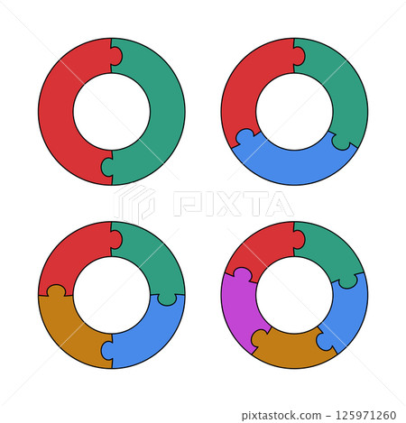 Colorful Circular Puzzle Diagram Set Vector Illustration. A set of four circular puzzle diagrams with varying numbers of segments. 125971260