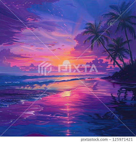 A tropical getaway as the sun sets over the ocean, with palm trees gently swaying and the sky glowing with color. A tropical getaway as the sun sets over the ocean, with palm trees gently swaying and the sky glowing with color. 125971421