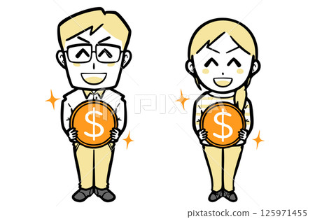 A young couple in casual clothes holding dollar coins 125971455