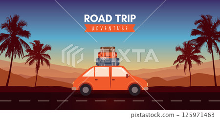 road trip adventure in the wilderness car on tropical landscape vector illustration 125971463