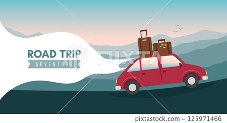 road trip adventure in the wilderness car on mountain landscape vector illustration road trip adventure in the wilderness car on mountain landscape vector illustration 125971466