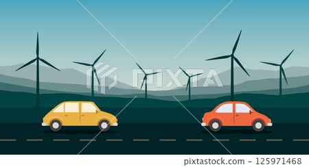 cars driving in a wind farm landscape vector illustration cars driving in a wind farm landscape vector illustration 125971468