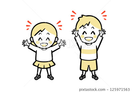 Children, boys and girls, wearing casual clothes, raising their hands enthusiastically Children, boys and girls, wearing casual clothes, raising their hands enthusiastically 125971563