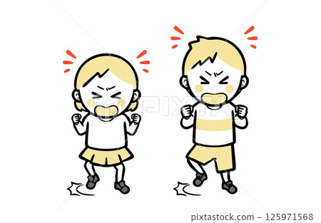 A boy and a girl in casual clothes stomping their feet and making a fuss A boy and a girl in casual clothes stomping their feet and making a fuss 125971568