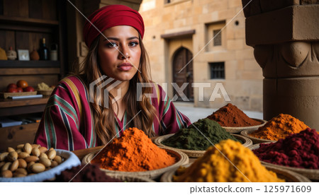 Woman in traditional attire with spices. 125971609