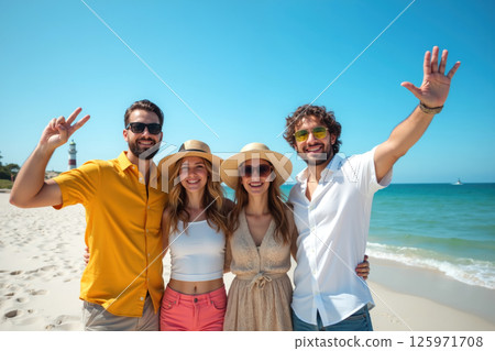 Four friends enjoying a sunny beach day. Four friends enjoying a sunny beach day. 125971708