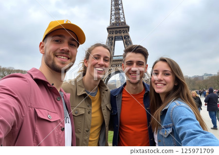 Friends posing by the Eiffel Tower. Friends posing by the Eiffel Tower. 125971709