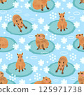 Cute capybara with flowers seamless pattern design on light blue background 125971738