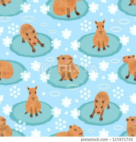 Cute capybara with flowers seamless pattern design on light blue background Cute capybara with flowers seamless pattern design on light blue background 125971738