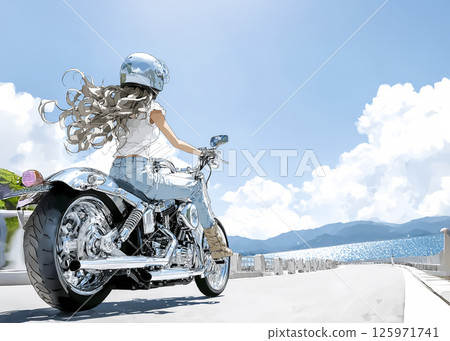 Illustration material of a woman riding a large cruiser bike along a road by the sea 125971741