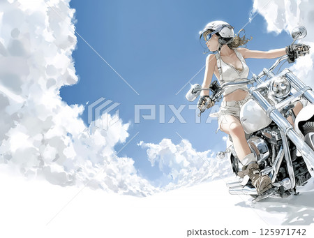 Illustration material of a woman riding a large cruiser bike 125971742