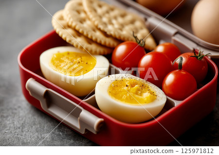 Healthy lunchbox with boiled eggs, cherry tomatoes and crackers 125971812