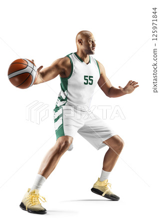 Male basketball athlete dribbling the ball. Basketball. One professional basketball player in motion and action. Sport emotion. Isolated 125971844