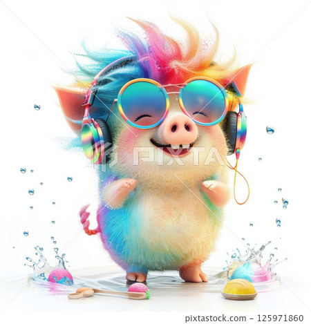 A dancing pig with multicolored hair embraces music as a tool for rest and mindful enjoyment. 125971860