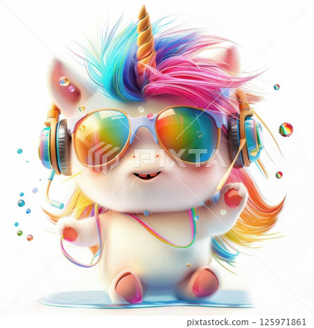 A colorful unicorn enjoys music and dance, promoting relaxation and an uplifting, mindful atmosphere. 125971861
