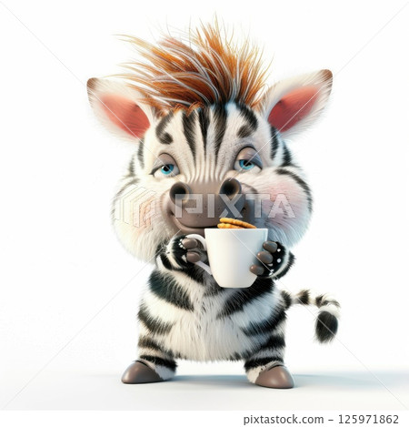 A zebra sits with coffee and gingerbread, illustrating early day comfort and rest. 125971862