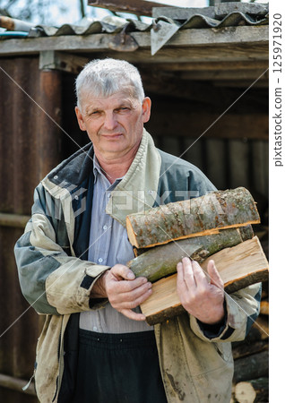 A pensioner, exhausted from work, carries firewood in his arms. An elderly man carrying firewood. 125971920