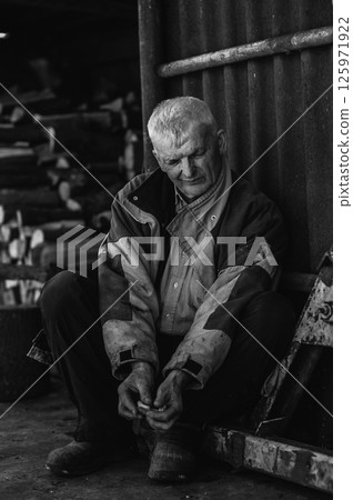 The pensioner crouches, exhausted by years of hardship. The elderly man is dressed in worn-out work clothes. 125971922