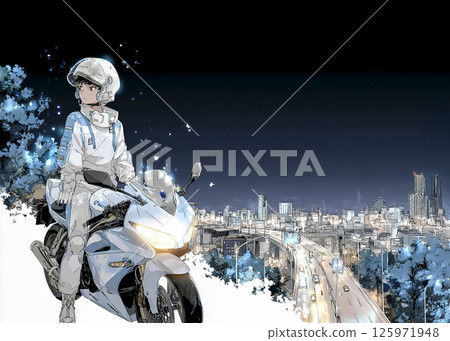 一名女子騎著運動自行車夜間旅行的插畫素材 125971948