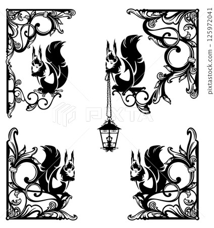 fairy tale squirrels and antique flourish elements forming black and white vintage frame design with border corners fairy tale squirrels and antique flourish elements forming black and white vintage frame design with border corners 125972041