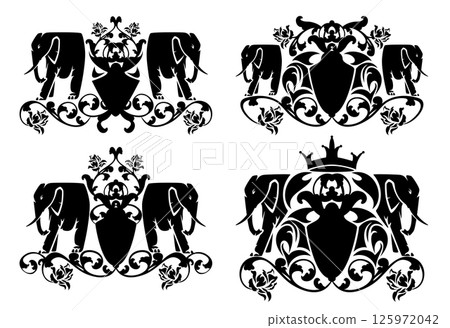 pair of wild elephants by heraldic shield with roses and crown black and white vector design set pair of wild elephants by heraldic shield with roses and crown black and white vector design set 125972042