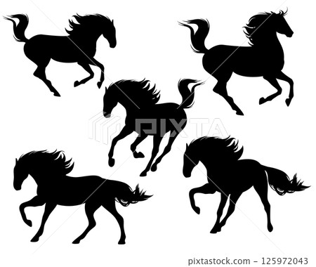 running horses black and white vector silhouette set 125972043