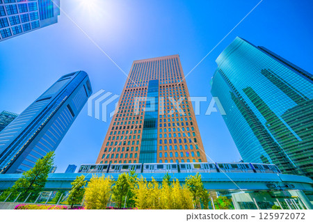 Tokyo cityscape in Japan, overlooking the Shiodome business district and the Yurikamome line 125972072