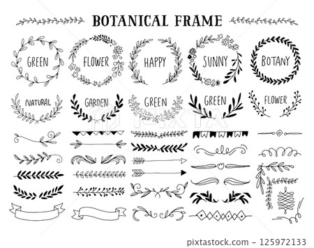 Floral and botanical line drawing frames and ornaments 125972133