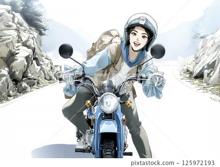 Illustration material of a smiling girl riding a trekking bike 125972193