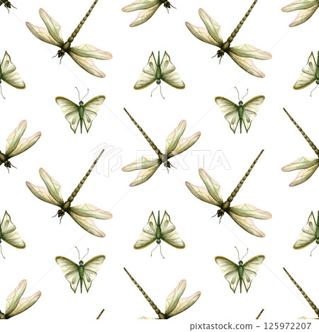 Dragonfly and butterfly seamless pattern. Summer insects Isolated watercolor illustration from background. For wrapping paper, packaging, textile, stationery, scrapbook. Vintage fauna style Dragonfly and butterfly seamless pattern. Summer insects Isolated watercolor illustration from background. For wrapping paper, packaging, textile, stationery, scrapbook. Vintage fauna style 125972207