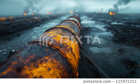Pipeline on wet surface reflecting orange markings at dusk, industrial infrastructure in foggy conditions. Concept of oil industry, energy transportation and environmental impact 125972251