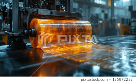 Plastic film manufacturing process in industrial factory, orange polymer sheet rolling on production line, material technology concept 125972252