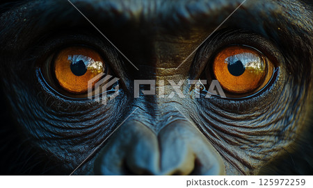 Primate eyes close-up with amber iris reflecting nature, wildlife conservation and animal intelligence concept 125972259